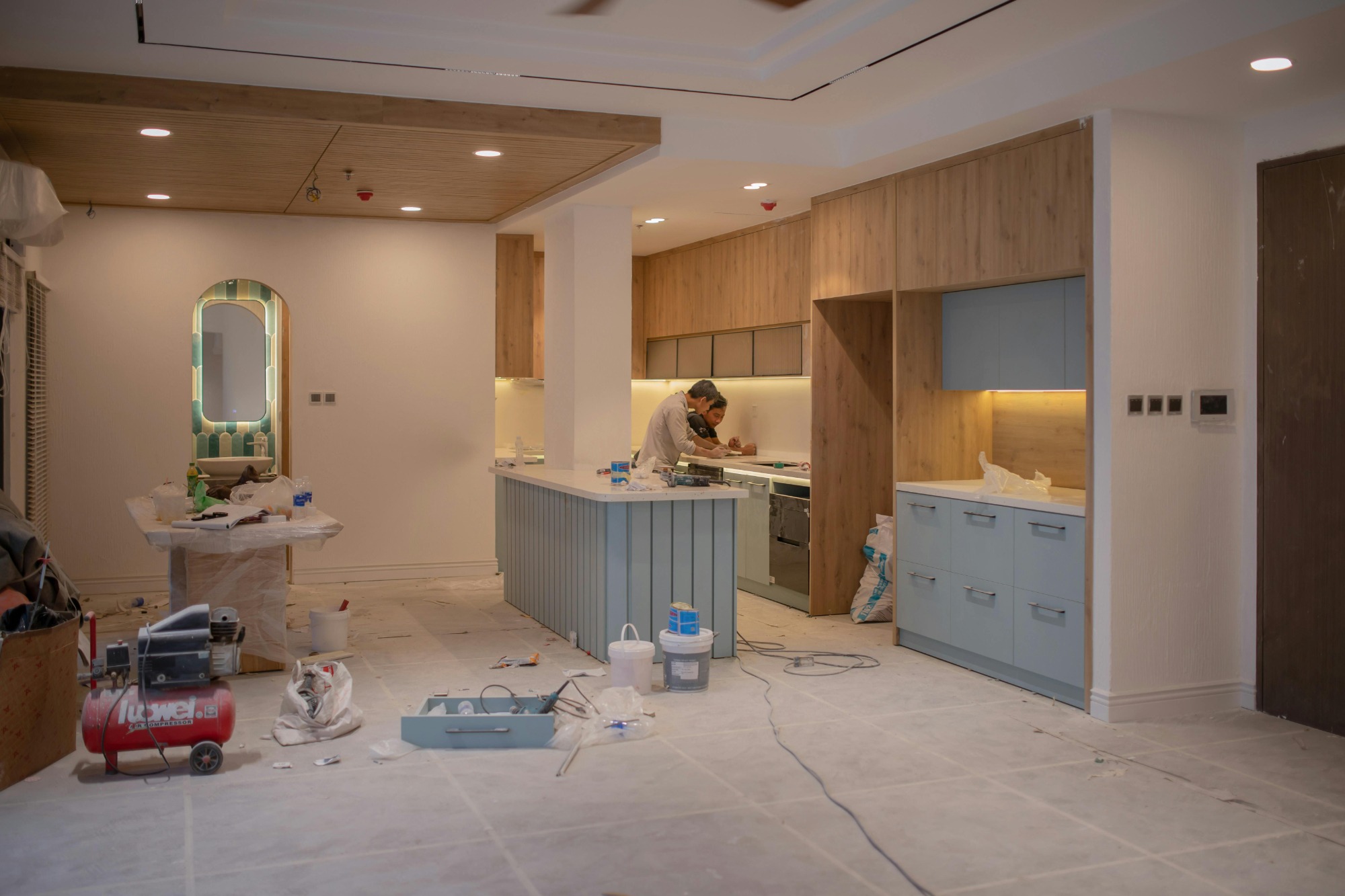 Interior home renovation with a brand-new kitchen under construction.