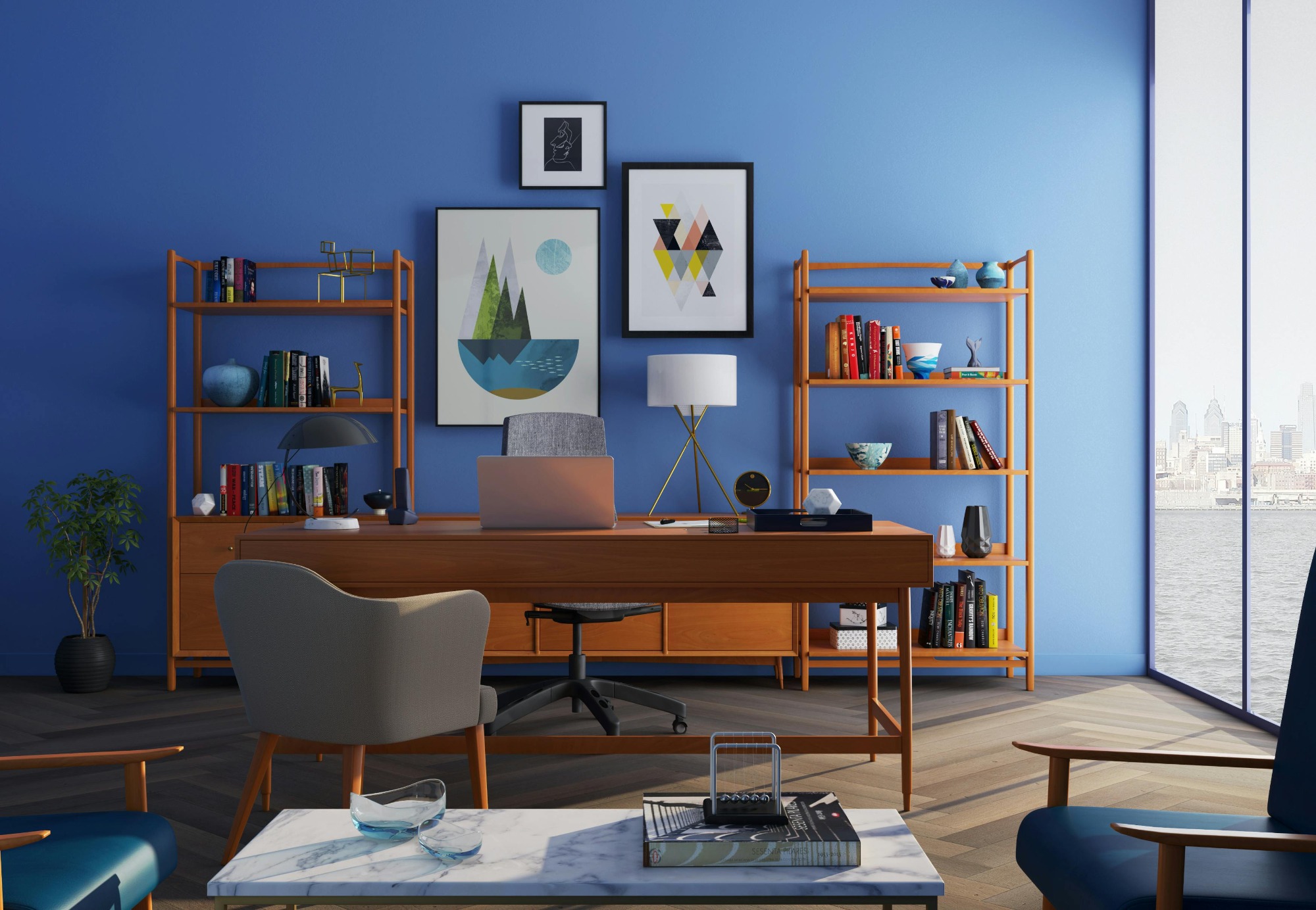 blue clean home office in living room condo, tidybirdcleaning
