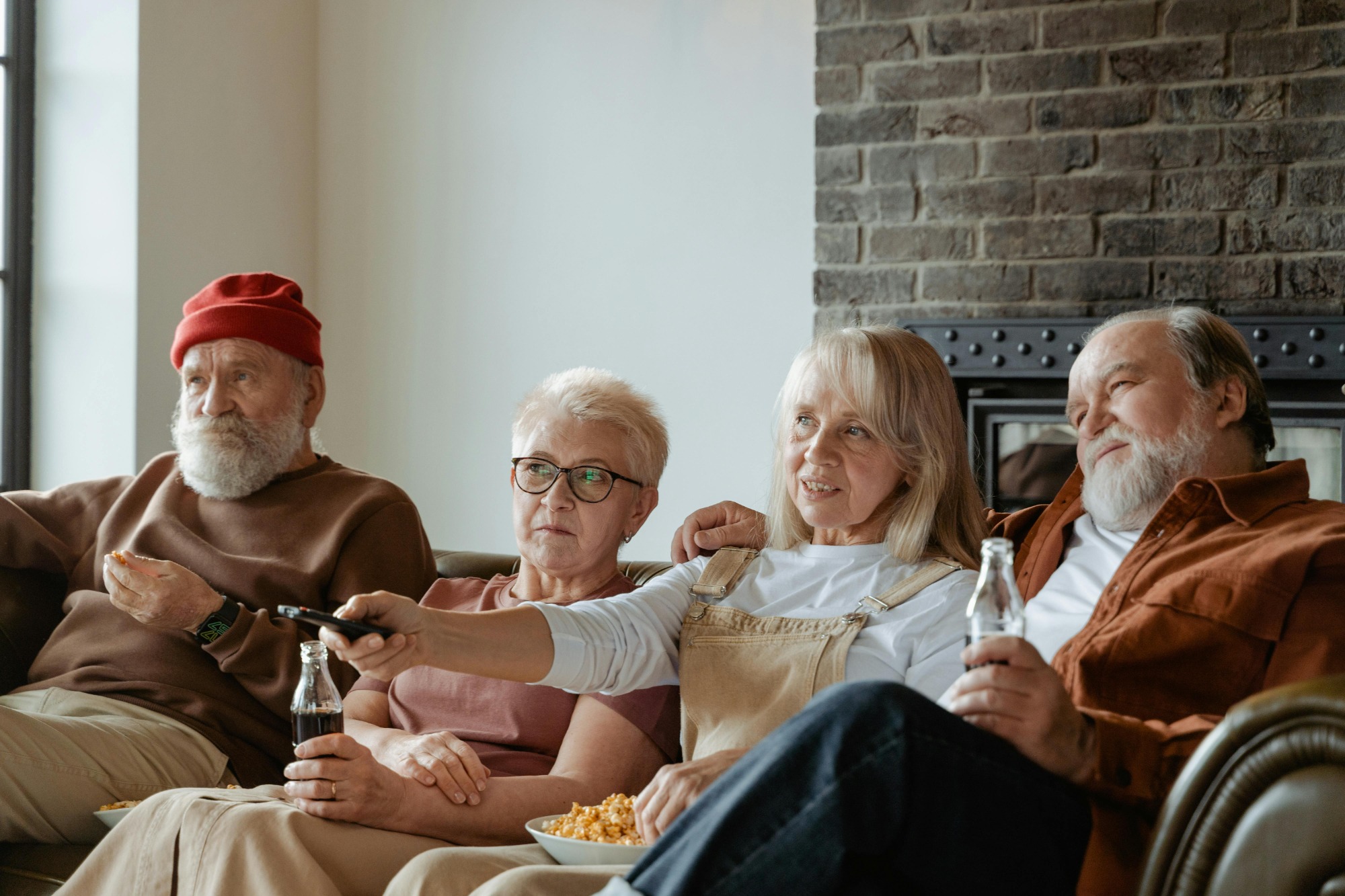neighbors hanging out watching tv, seniors condo or apartment