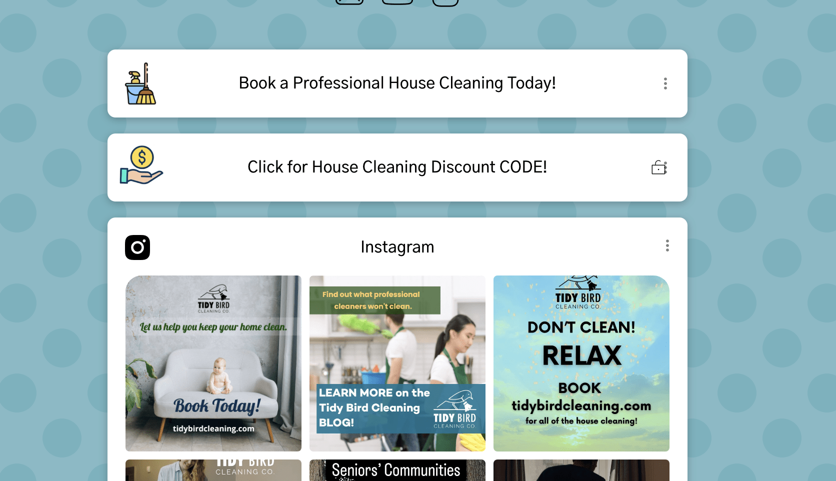 screenshot of tidybirdcleaning.com Linktree page with exclusive house cleaning discount codes