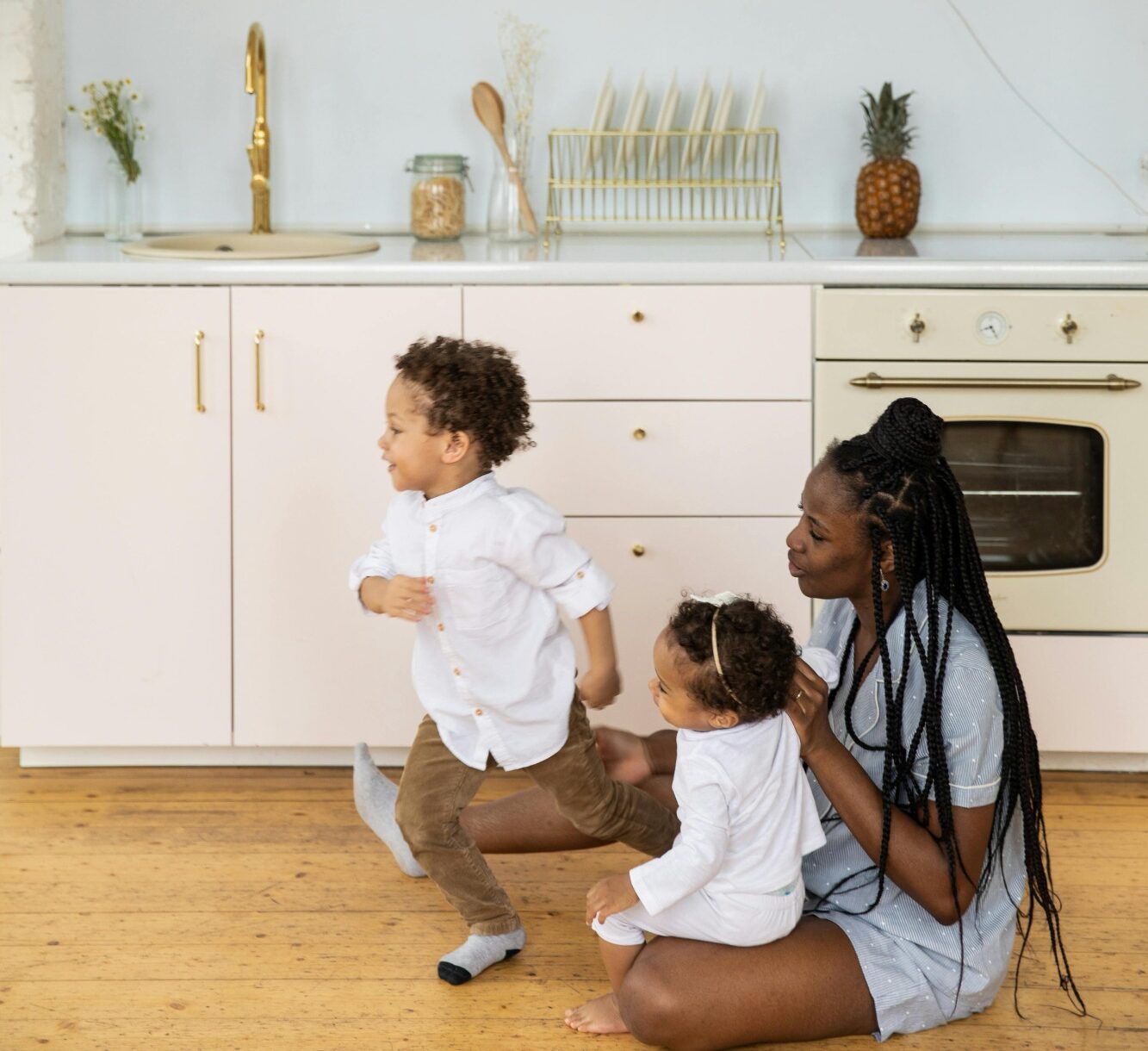 Busy kitchen, Mom with kids, tidybirdcleaning, burington's best home cleaners