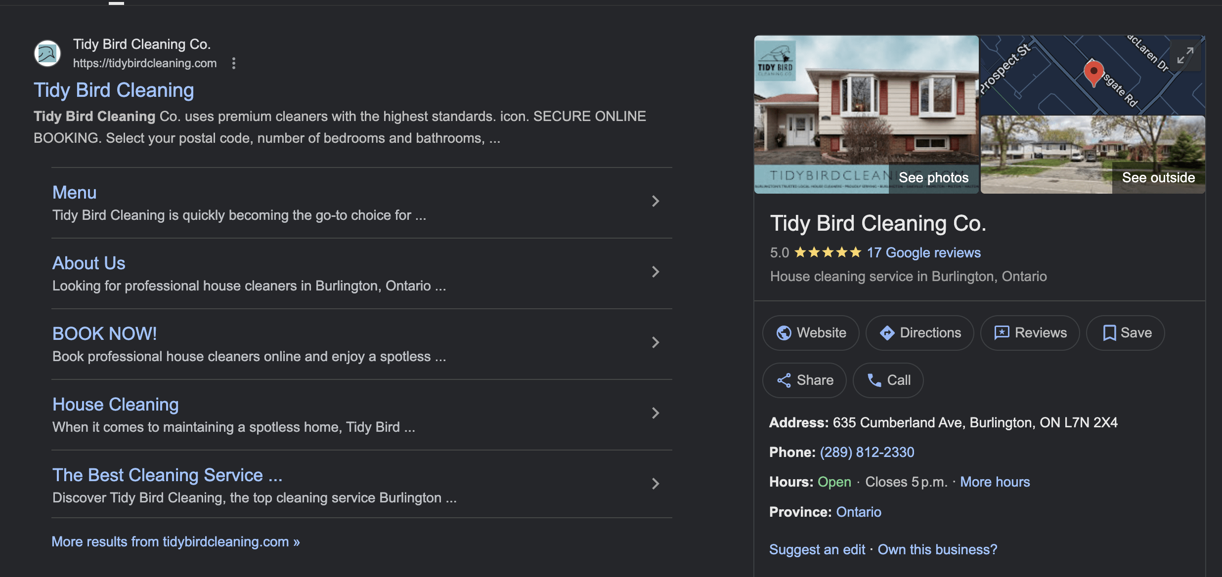 TidyBirdCleaning - Google Business Page